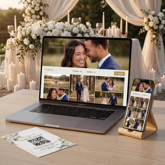 KeepMemoriz photo gallery displayed on smartphone and laptop, shared gallery via QR code